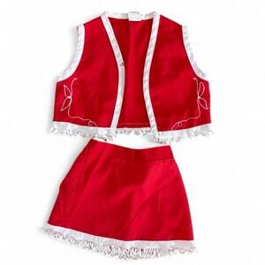 Vintage 1970s Sears Girls Red Vest & Fringe Mini Skirt Set Mod Western 3T
